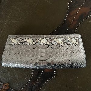 Ted Rossi New York Black Snake Skin Leather & Rhinestones Clutch